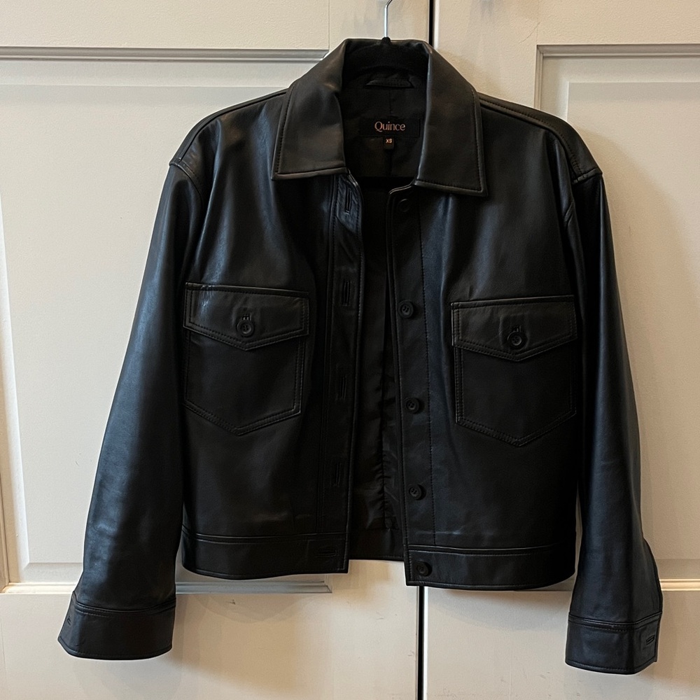 Quince Black Leather Jacket with Front Flap Pockets